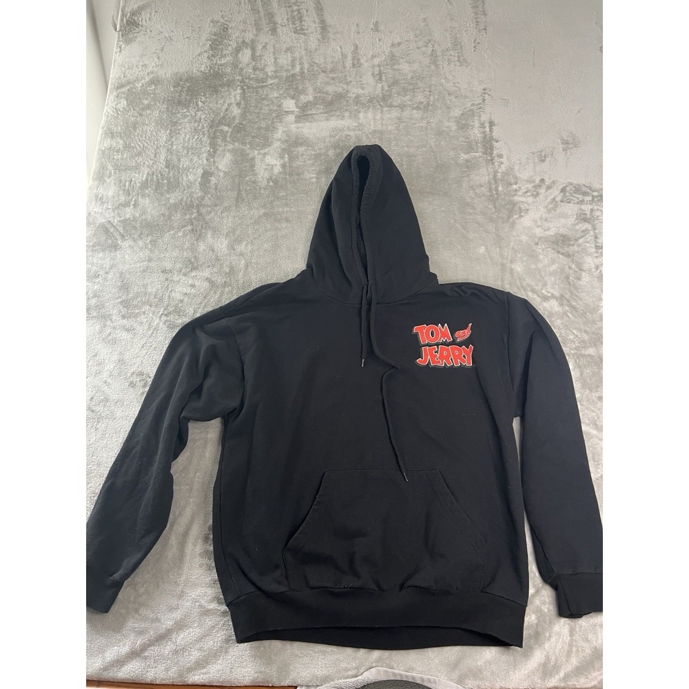 Tom and Jerry Mens Sweatshirt L Black Graphic Hoodie Cartoon Pullover